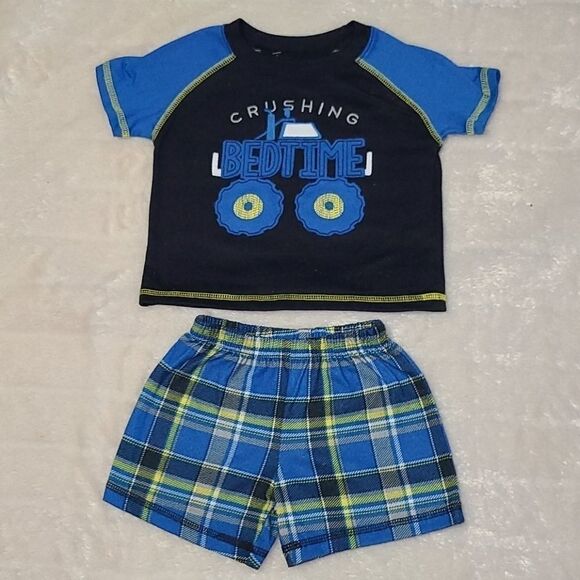 Carter's Baby 12M Monster Truck PJs Pajama Short Set Crushing Bedtime Blue Plaid - Picture 4 of 4